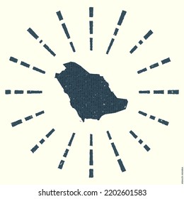 Saudi Arabia Logo. Grunge sunburst poster with map of the country. Shape of Saudi Arabia filled with hex digits with sunburst rays around. Classy vector illustration.
