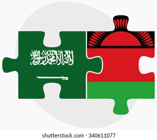 Saudi Arabia and Malawi Flags in puzzle isolated on white background