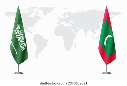 Saudi Arabia and Maldives flags for official meeting against background of world map.