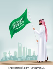 Saudi-Arabien Mann mit Flagge in der Stadt. Bearbeitbare Vektorgrafik