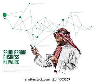 HOMBRE SAUDITA DE ARABIA ENVIANDO TEXTOS EN UN SMARTPHONE CONECTADO A LA RED DE NEGOCIOS. Ilustración de mano libre de vectores. 