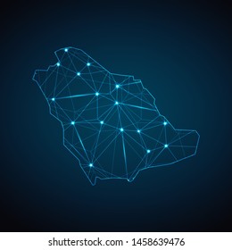 Saudi Arabia Map - Abstract geometric mesh polygonal network line, structure and point scales on dark background with lights in the form of cities. Vector illustration eps 10.