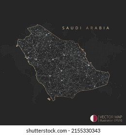 Saudi Arabia map abstract geometric mesh polygonal light concept with black and white glowing contour lines countries and dots on dark background. Vector illustration