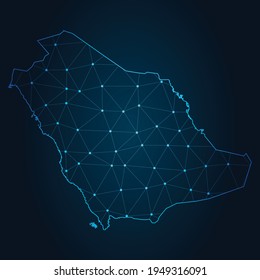 mapa saudita de Arabia Saudita mapa Resumen línea de purga y escalas de puntos sobre fondo oscuro. Línea de red poligonal de malla 3D del marco de cables.