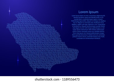 Saudi Arabia map abstract schematic from blue ones and zeros binary digital code with space stars for banner, poster, greeting card. Vector illustration.