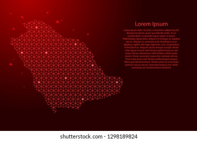 Saudi Arabia map abstract schematic from red lines repeating pattern geometric background with rhombus and nodes with space stars for banner, poster, greeting card. Vector illustration.