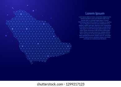 Saudi Arabia map abstract schematic from blue lines repeating pattern geometric background with rhombus and nodes with space stars for banner, poster, greeting card. Vector illustration.