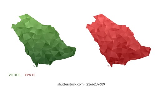 Saudi Arabia map of abstract vector polygon set couple color green and red.