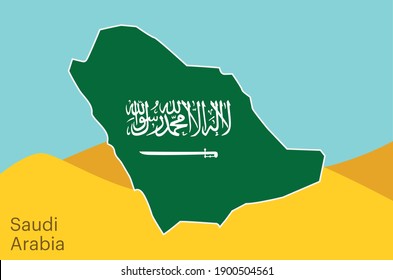 Saudi Arabia Map against clean blue sky with the desert. Arabic Text Translation: There is no god but God and Muhammad is the messenger of God.