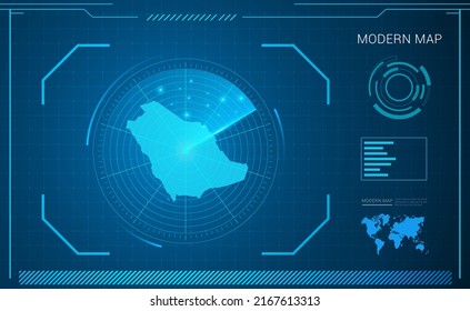 Mapa saudita del radar de tecnología de marco digital azul HUD, GUI, interfaz de interfaz de usuario.