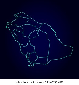 Saudi Arabia map: blue glitter outline with sparkling stars on dark background. Detailed map of Saudi Arabia. Vector illustration.