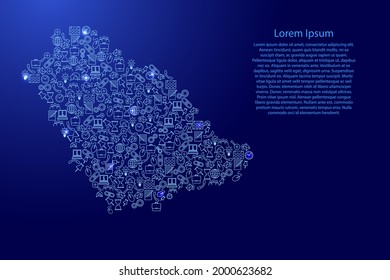 Saudi Arabia map from blue and glowing stars icons pattern set of SEO analysis concept or development, business. Vector illustration.