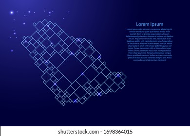 Saudi Arabia map from blue pattern from a grid of squares of different sizes and glowing space stars. Vector illustration.