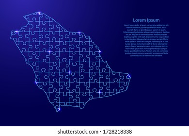 Saudi Arabia map from blue pattern from composed puzzles and glowing space stars. Vector illustration.