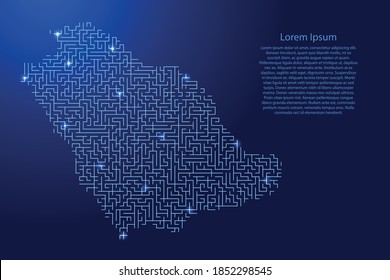 Saudi Arabia map from blue pattern of the maze grid and glowing space stars grid. Vector illustration.
