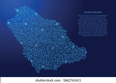 Saudi Arabia map from blue pattern latin alphabet scattered letters and glowing space stars grid. Vector illustration.