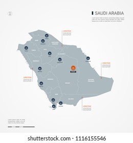 Saudi Arabia map with borders, cities, capital Riyadh and administrative divisions. Infographic vector map. Editable layers clearly labeled.