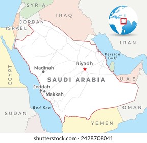 Saudi Arabia map with capital Riyadh, most important cities and national borders