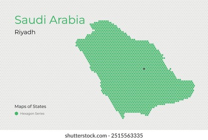 Mapa de Arabia Saudita con una capital de Riad mostrada en un patrón hexagonal.