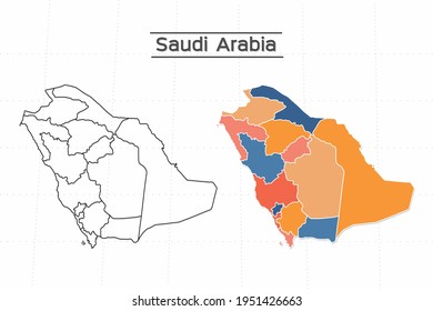 Saudi Arabia map city vector divided by colorful outline simplicity style. Have 2 versions, black thin line version and colorful version. Both map were on the white background.
