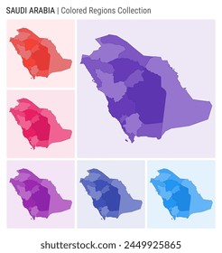 Saudi Arabia map collection. Country shape with colored regions. Deep Purple, Red, Pink, Purple, Indigo, Blue color palettes. Border of Saudi Arabia with provinces for your infographic.