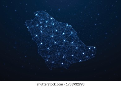 Saudi Arabia Map Connection. Abstract Digital Technology 3D Mesh Polygonal Network Line, Design Sphere, Dot and Structure on Dark Background. Vector Illustration EPS10.