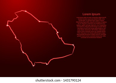 Saudi Arabia map from the contour red brush lines different thickness and glowing stars on dark background. Vector illustration.