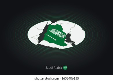 Saudi Arabia map in dark color, oval map with neighboring countries. Vector map and flag of Saudi Arabia