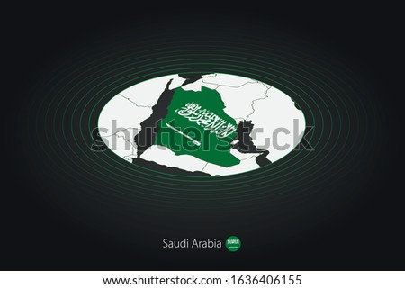 Saudi Arabia map in dark color, oval map with neighboring countries. Vector map and flag of Saudi Arabia
