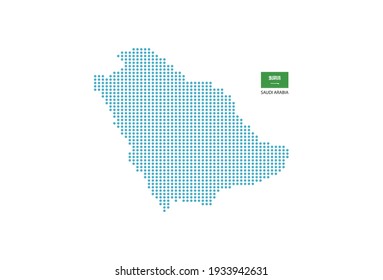 Saudi Arabia map design blue circle, white background with Saudi Arabia flag.