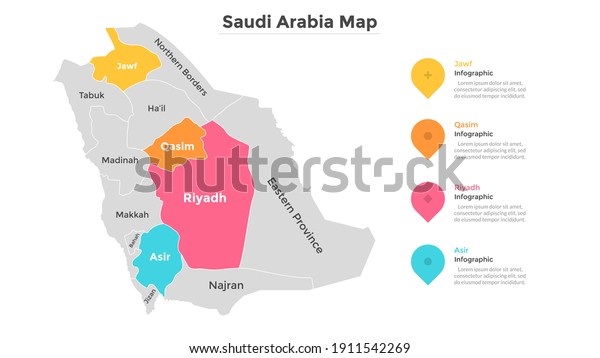 Saudi Arabia map divided into federal states.\
Territory of country with regional borders. Administrative\
division. Infographic design template. Vector illustration for\
touristic guide, banner.
