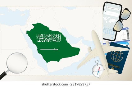 Saudi Arabia map and flag, cargo plane on the detailed map of Saudi Arabia with flag, passport, magnifying glass and airplane. Vector template.