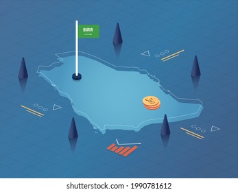 Saudi Arabia Map, Flag and Currency Modern Isometric Business and Economy Vector Illustration Design