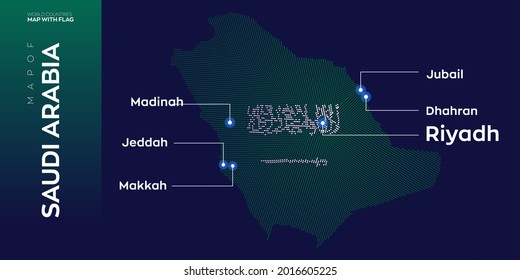 Saudi Arabia map with flag info graphic. Abstract vector map of Saudi Arabia with capital and major cities. Dots composition map on dark background.
