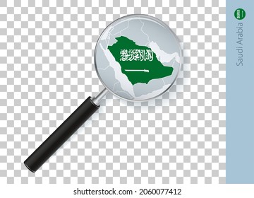 Saudi Arabia map with flag in magnifying glass on transparent background. Vector loupe with map.