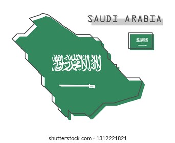 Saudi arabia map and flag . Modern simple line cartoon design . Vector .