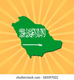 Saudi Arabia map flag on sunburst illustration 