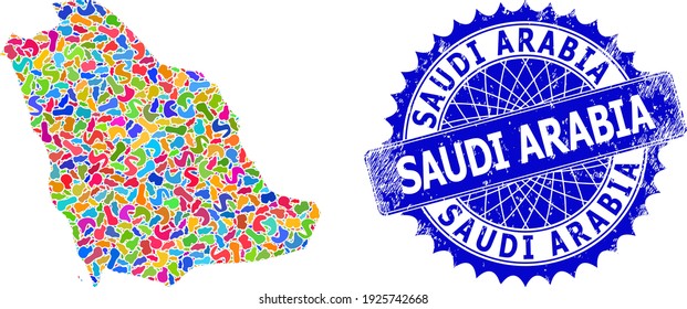 Mapa de ilustraciones de Arabia Saudita. Mapa de collage de salpicaduras y sello de sellado para la angustia para Arabia Saudita. Sello de sello azul rosetón con leyenda para el mapa de Arabia Saudita.