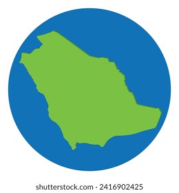 Saudi Arabia map. Map of Saudi Arabia in green color in globe design with blue circle color.