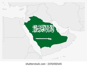 Saudi Arabia map highlighted in Saudi Arabia flag colors, gray map with neighboring countries.