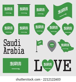 Saudi-Arabien-Karte, Symbol und Flaggenpaket, Vektorgrafik