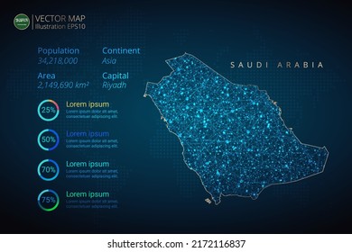 Arabia Saudita mapea la plantilla del vector infográfico con el concepto de malla geométrica abstracta de luz poligonal sobre fondo azul. Plantilla para diagrama, gráfico, presentación y gráfico.