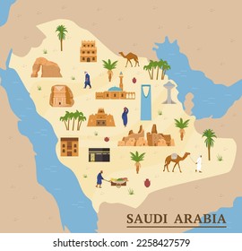 Saudi Arabia map with landmarks, traditional and modern buildings, beduin with camel, authentic people, palms vector illustrations.  - Shutterstock ID 2258427579