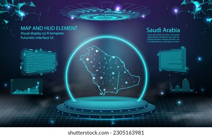 saudi Arabia map light connecting effect background. abstract digital technology UI, GUI, futuristic HUD Virtual Interface with saudi Arabia map. Stage futuristic podium in fog.