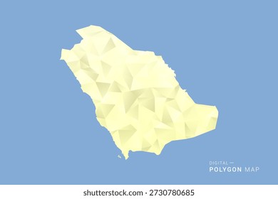 Mapa de Arabia Saudita en estilo de Vector de polígono de polietileno bajo, ilustración de forma geométrica con tonos amarillos suaves sobre fondo azul, silueta limpia para infografía.