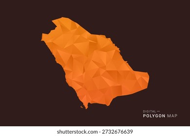 Mapa de Arabia Saudita: Vector de polígono bajo, silueta triangulada geométrica en tonos naranja y marrón oscuro, estilo infográfico moderno limpio, fondo aislado.
