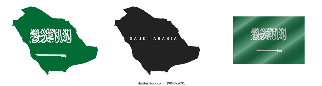 Saudi Arabia. Map with masked flag. Detailed silhouette. Waving flag. Vector illustration isolated on white.