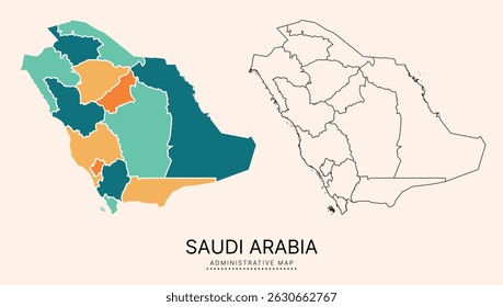 Mapa da Arábia Saudita com distritos administrativos separados por multicores, camadas separadas editáveis, zonas e bordas. Mapa para apresentação. Ilustração vetorial