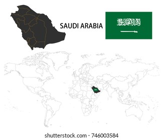 Saudi Arabia map on a world map with flag on white background.