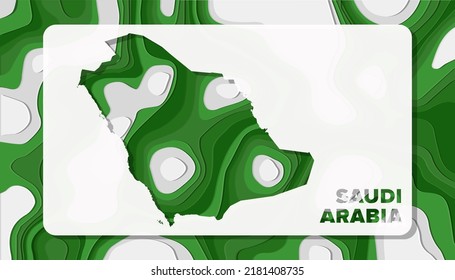 Saudi Arabia Map with Paper Cut Waves Background Shape perfect for Greeting Card, Desktop Wallpaper, and Banner